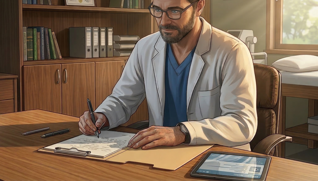 Rappresentazione in grafica animata di un medico che sta compilando un documento nel suo studio