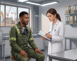 Una dottoressa prende appunti mentre un lavoratore è seduto nel suo studio medico.