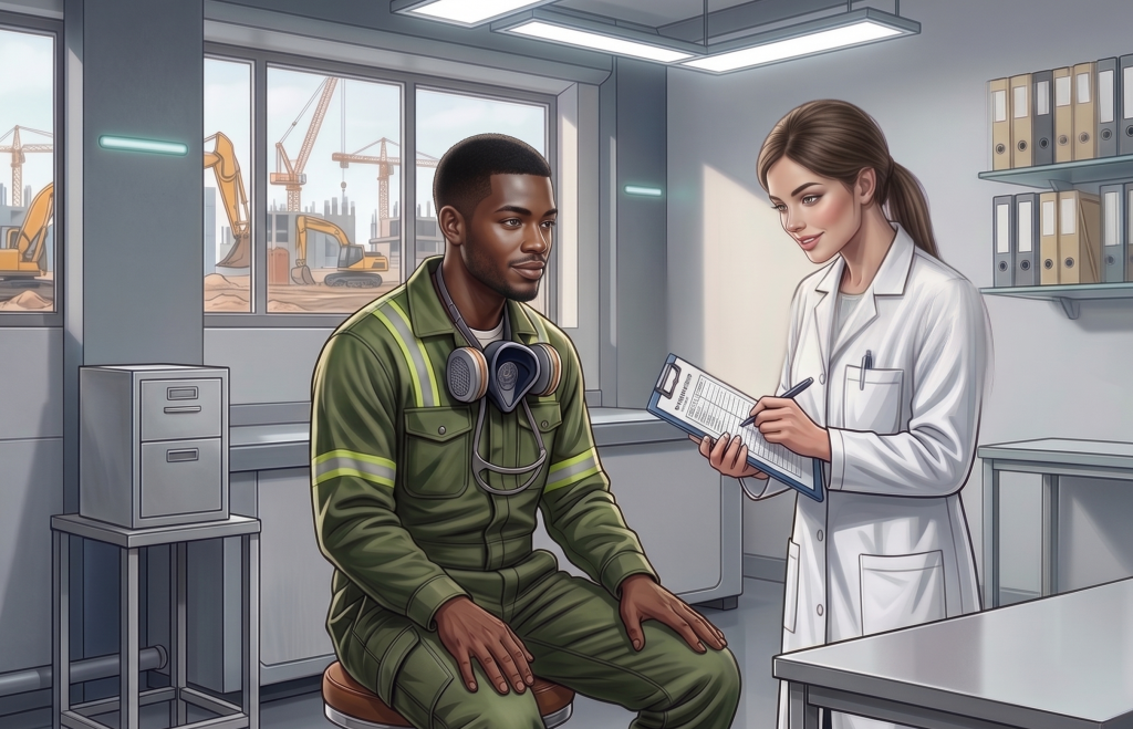 Una dottoressa prende appunti mentre un lavoratore è seduto nel suo studio medico.