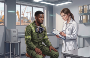 Una dottoressa prende appunti mentre un lavoratore è seduto nel suo studio medico.