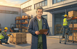 L'immagine raffigura un medico del lavoro al di fuori di un magazzino. Sullo sfondo sono presenti degli operai che stanno lavorando.
