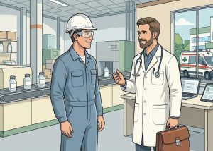 Un medico competente che parla a un lavoratore con uniforme blu. Sta fornendo informazioni su infortuni e malattie professionali.