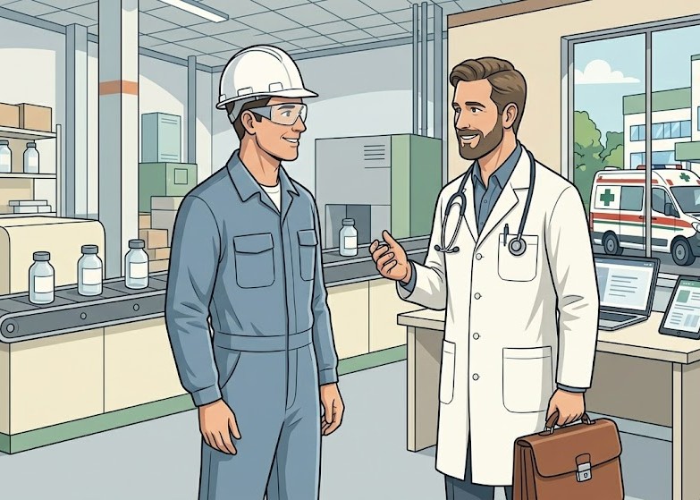 Un medico competente che parla a un lavoratore con uniforme blu. Sta fornendo informazioni su infortuni e malattie professionali.