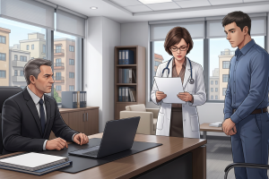 L'immagine raffigura un medico competente con datore di lavoro e nuovo assunto all'interno di un ufficio di direzione. Il medico sta leggendo un documento. Il datore di lavoro e il dipendente sembrano in attesa.