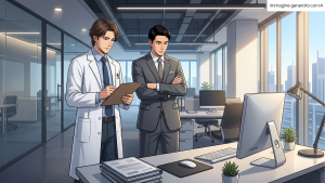 L'immagine rappresenta un medico del lavoro e un lavoratore che guardano insieme una postazione di lavoro. Il medico sta prendendo appunti.